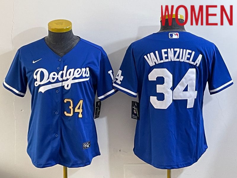 Women Los Angeles Dodgers 34 Valenzuela 2024 blue jersey 202411207
